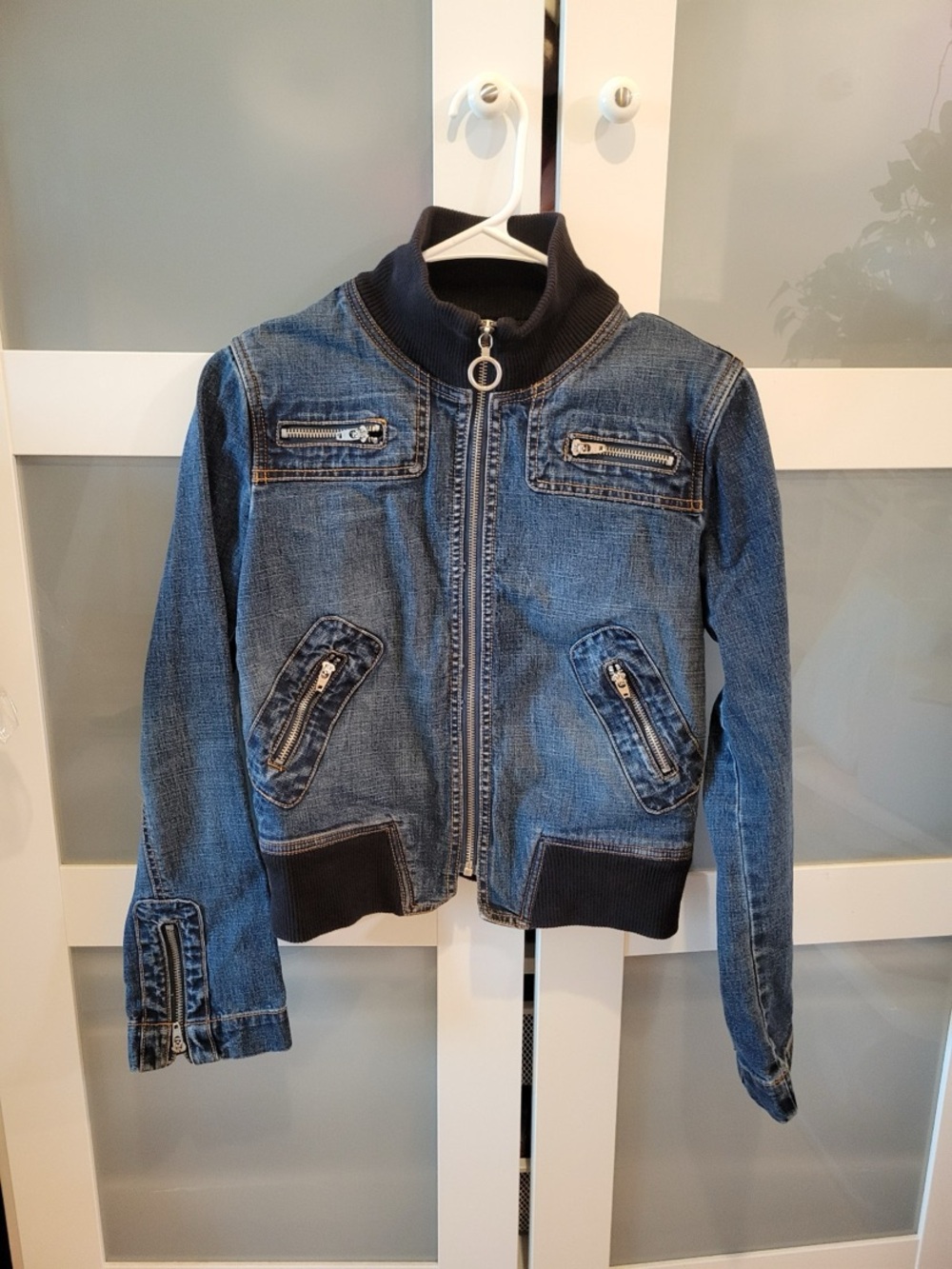 bebe Blue Denim Zip Jacket with black Rib Collar. Sz M
